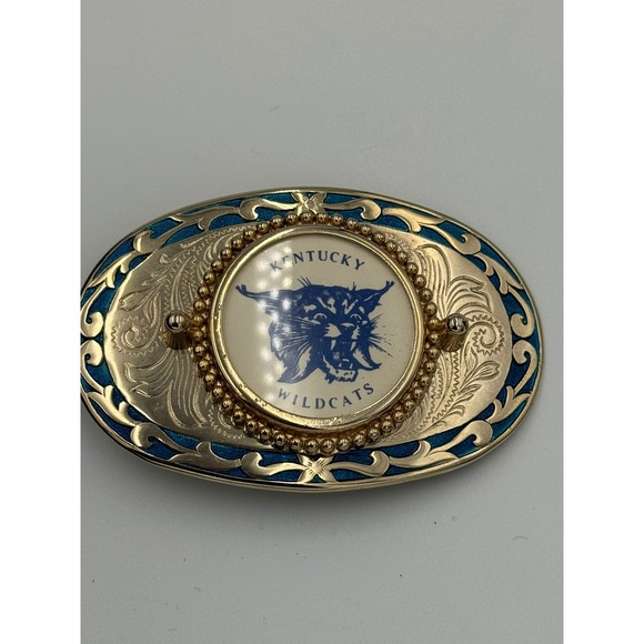 Kentucky Wildcats Vintage Belt Buckle Gold Tone Blue Enamel NCAA Collegiate UK